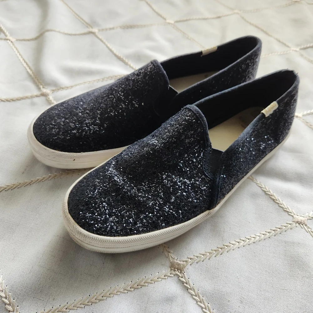 Keds x Kate Spade Black Glitter Slip-On Sneakers‎ 7.5 | Sparkle Champion Gold